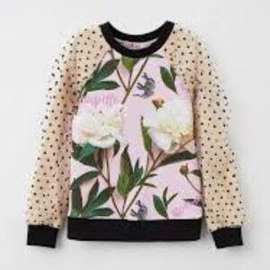 Choupette / pink floral print top with sheer polka dot sleeves size small